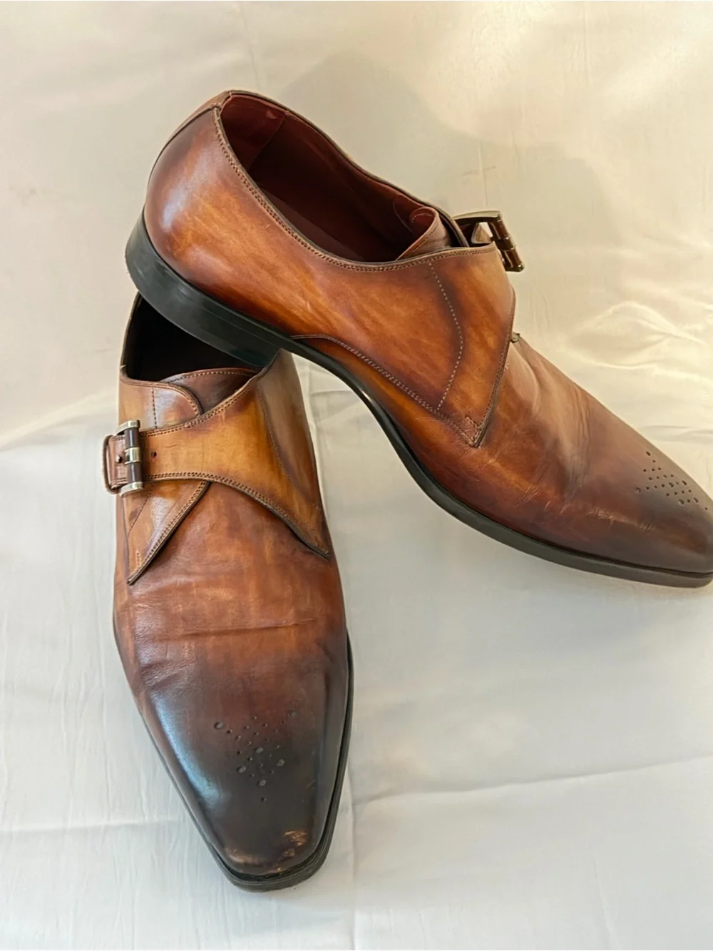 Magnanni Burnished Tan Leather Single Monk Strap Shoes. Neiman Marcus